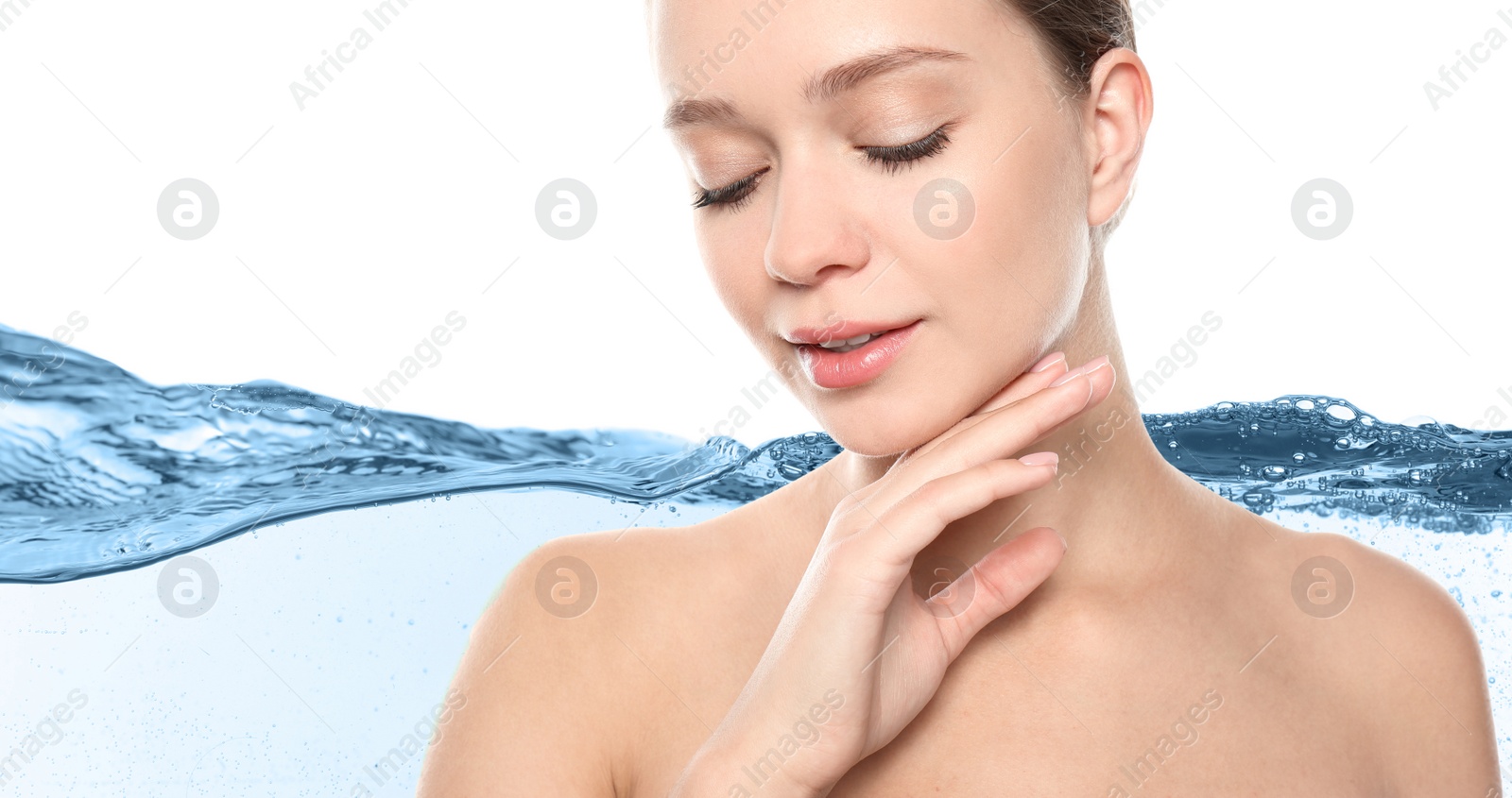 Image of Beautiful woman with perfect skin and clear water on white background, banner design