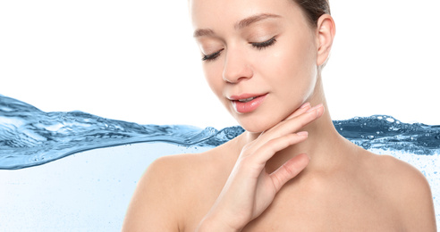 Image of Beautiful woman with perfect skin and clear water on white background, banner design