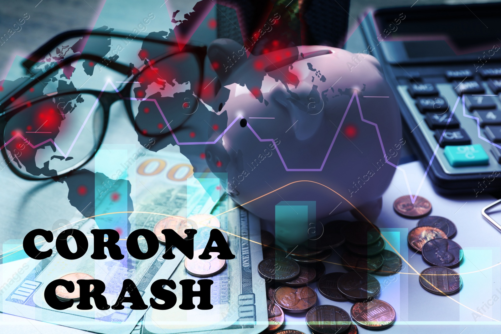 Image of Corona crash. Piggy bank and money on table