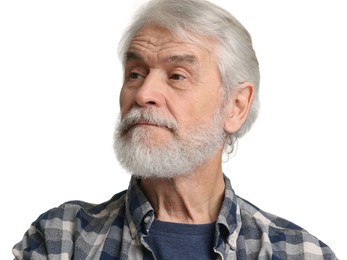 Senior man with mustache on white background