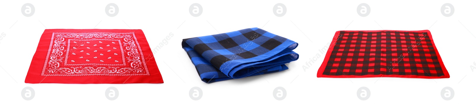 Image of Set with different bandanas on white background. Banner design