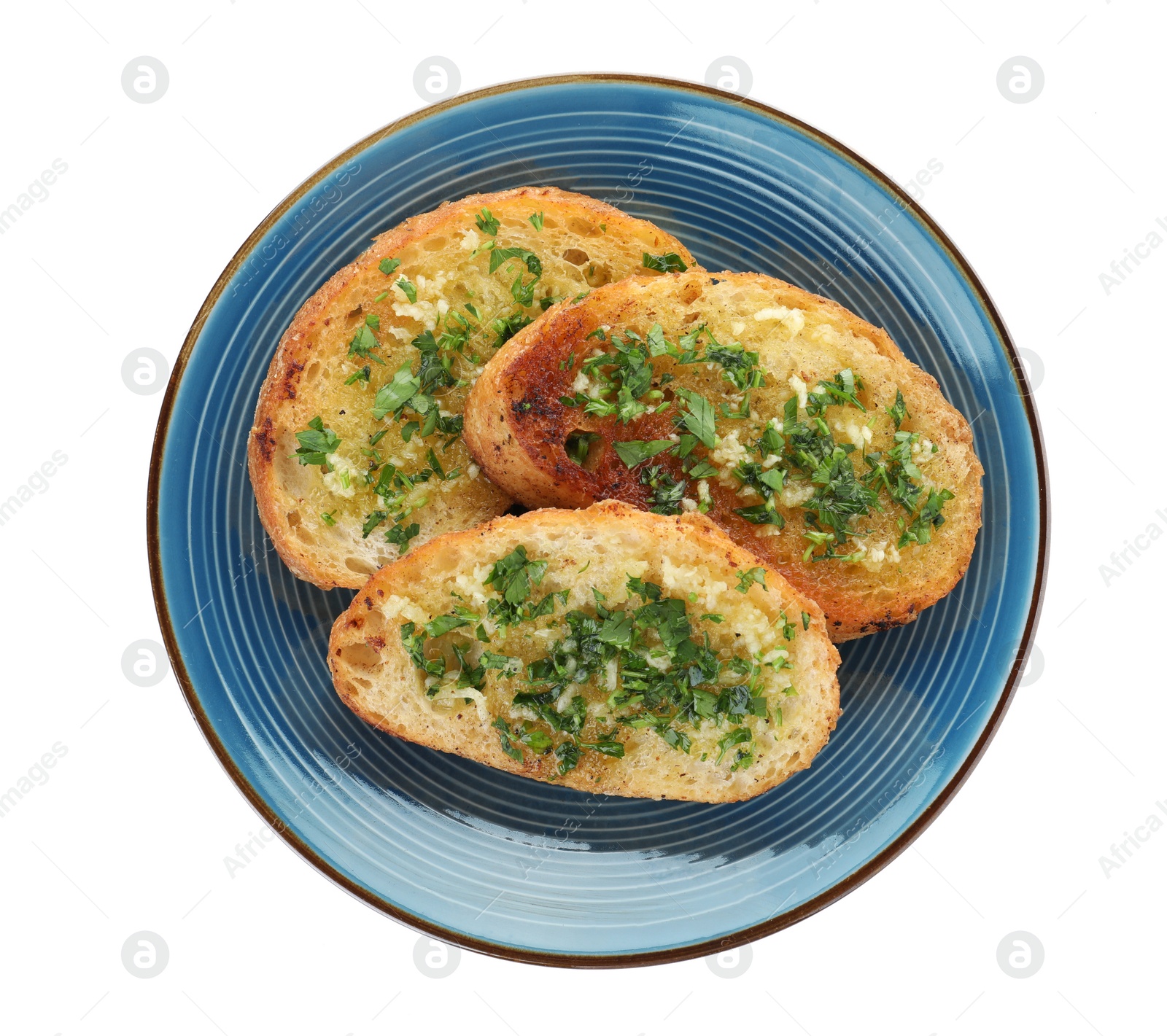 Photo of Slices of toasted bread with garlic and herb on white background, top view