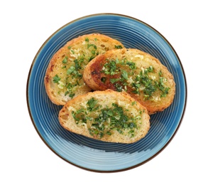 Photo of Slices of toasted bread with garlic and herb on white background, top view