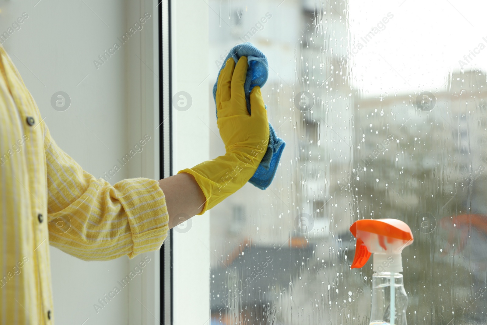 Photo of Woman cleaning window at home, closeup view