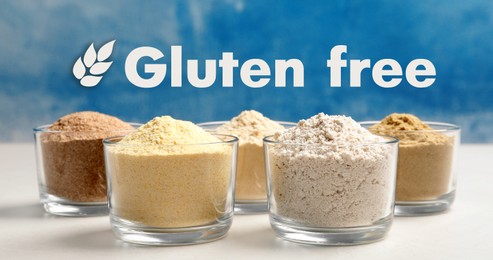 Image of Gluten free products. Glass bowls with different types of flour on white table and text