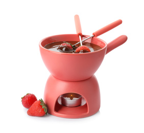 Photo of Fondue pot with chocolate and fresh strawberries isolated on white