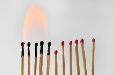 Burning and whole matches on light grey background. Space for text