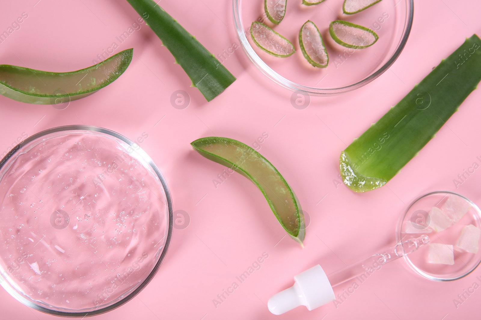 Photo of Flat lay composition with aloe vera leaves and cosmetic gel on pink background