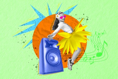 Girl dancing near loudspeaker on bright background, creative collage. Stylish art design