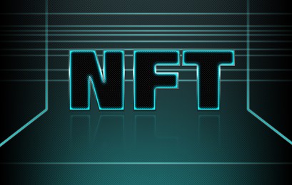 Illustration of Abbreviation NFT (non-fungible token) on digital background