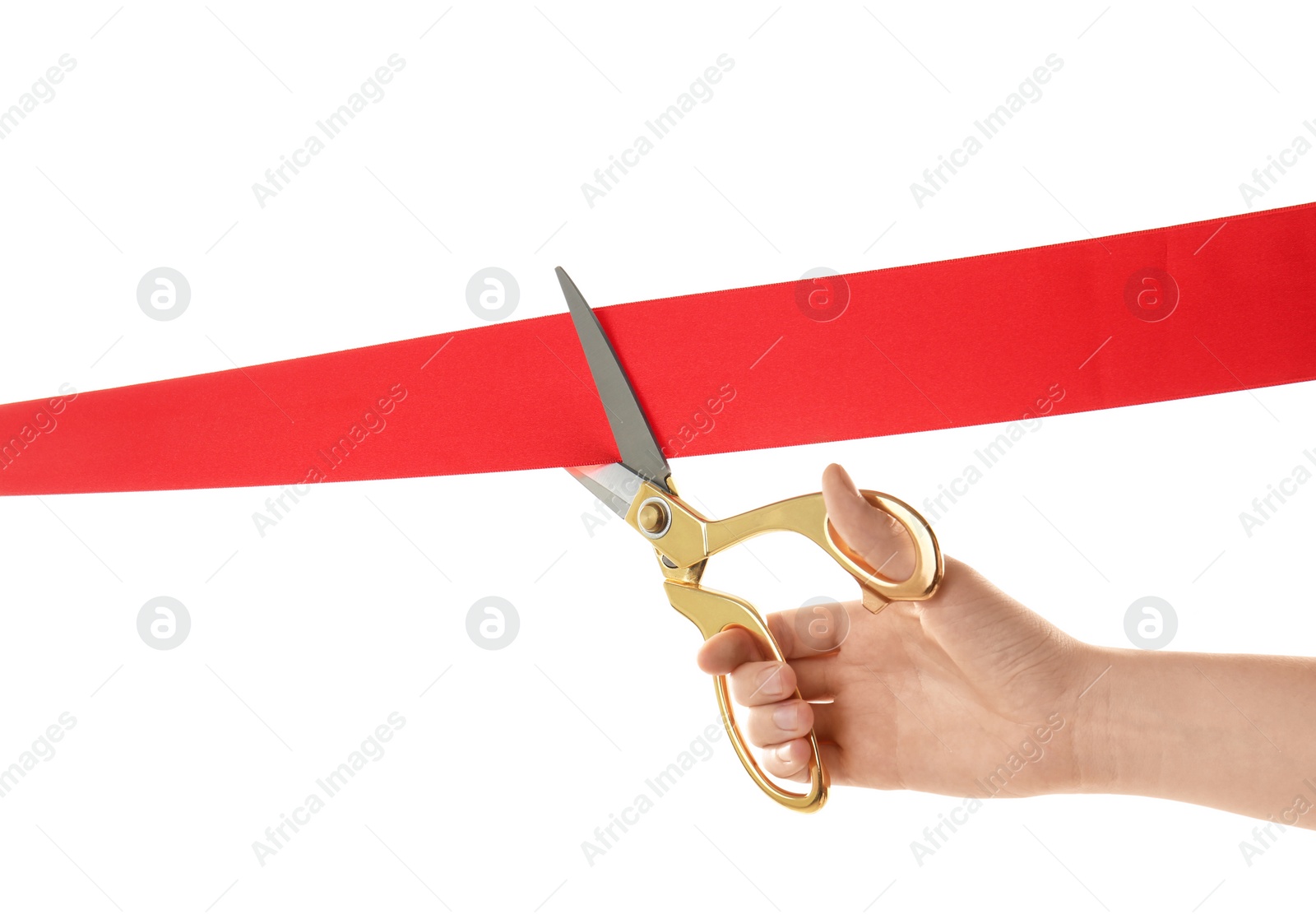 Photo of Woman cutting red ribbon on white background