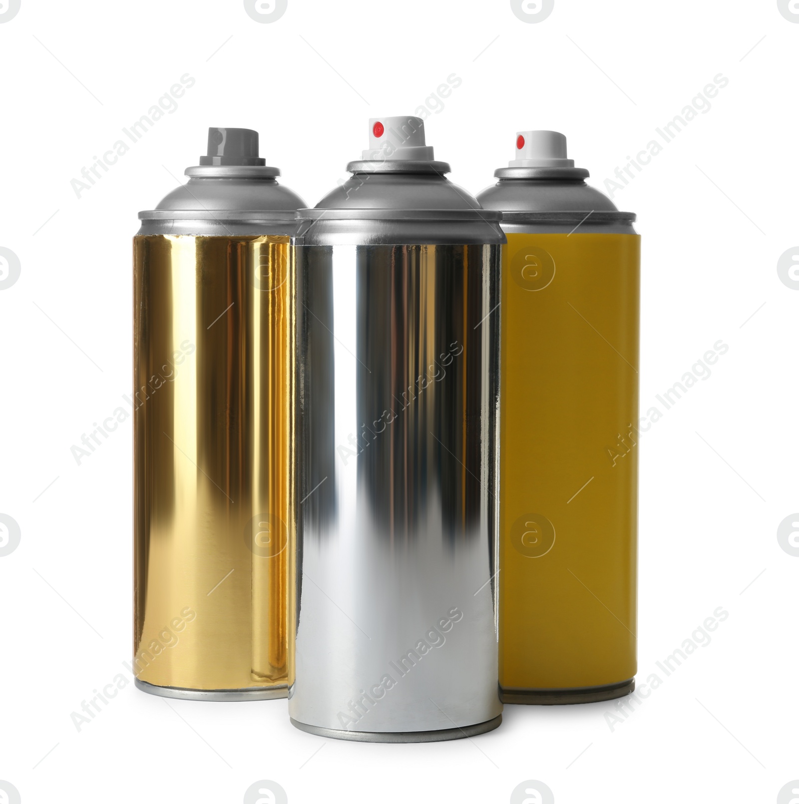 Photo of Cans of different spray paints on white background