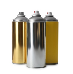 Photo of Cans of different spray paints on white background