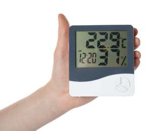 Photo of Woman holding hygrometer on white background, closeup. Atmospheric humidity