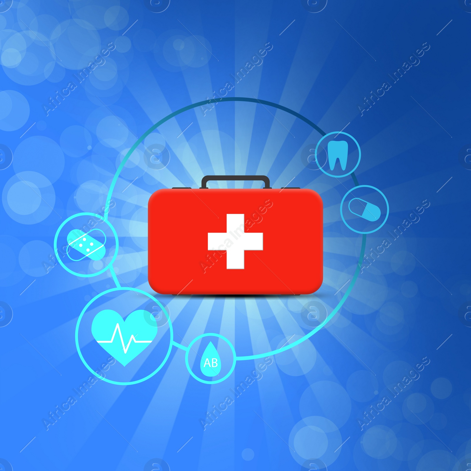 Image of First aid kit and different icons on blue background, illustration