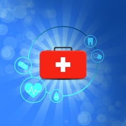 Image of First aid kit and different icons on blue background, illustration