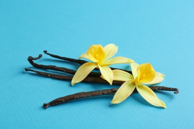 Photo of Vanilla sticks and flowers on blue background