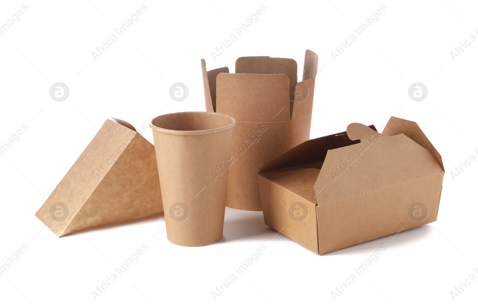 Photo of Eco friendly packaging. Disposable food containers isolated on white