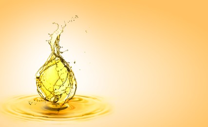 Image of Drop of cooking oil falling into oil on orange gradient background. Banner design with space for text