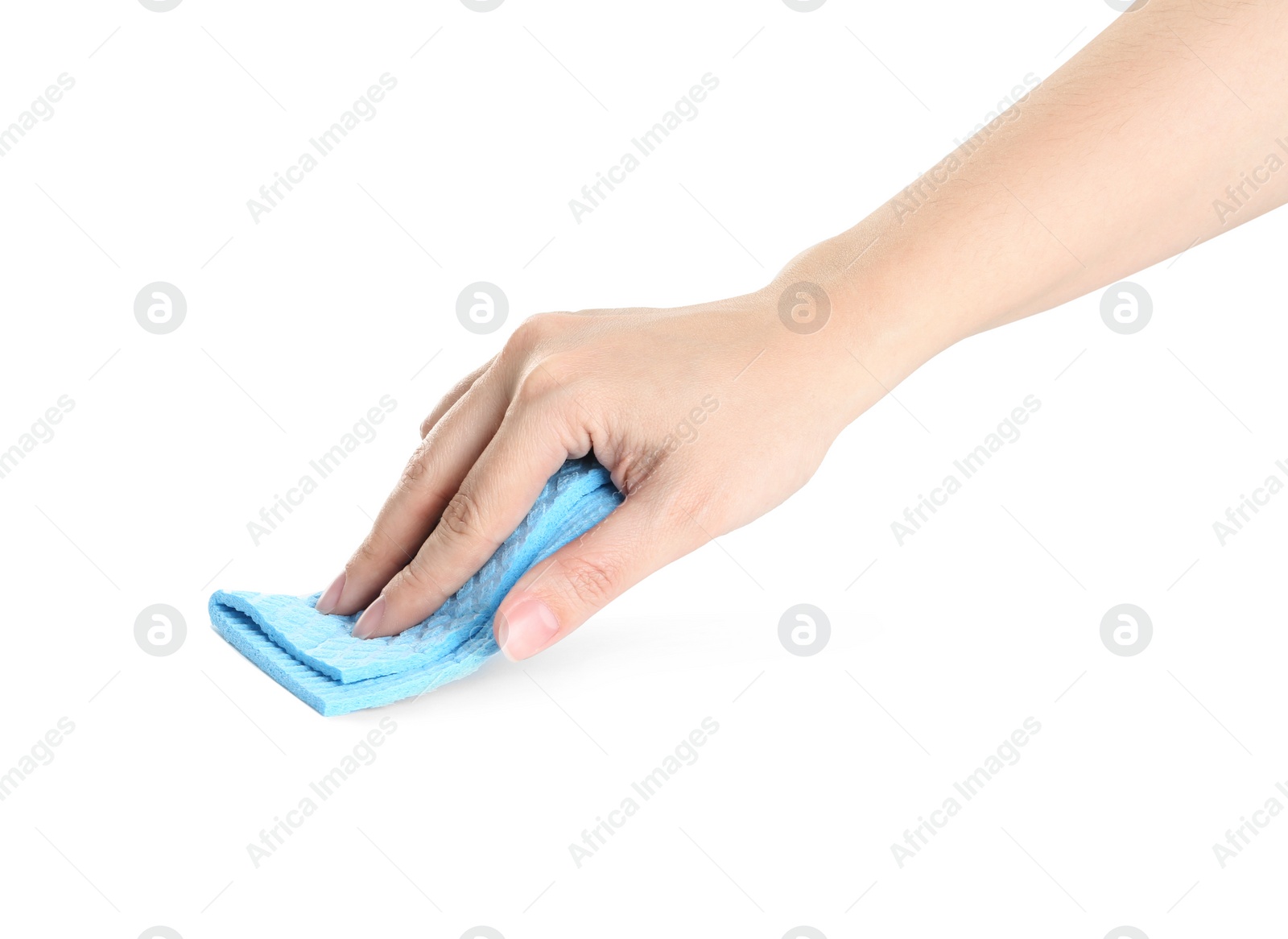 Photo of Woman with rag on white background, closeup of hand