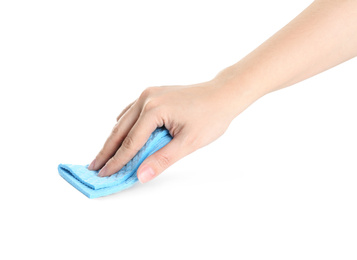 Photo of Woman with rag on white background, closeup of hand