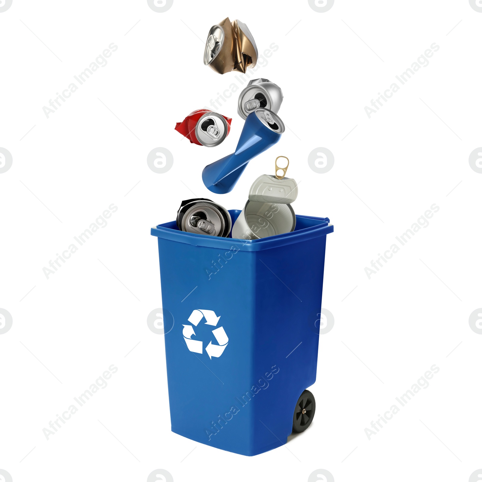 Image of Garbage falling into trash bin on white background