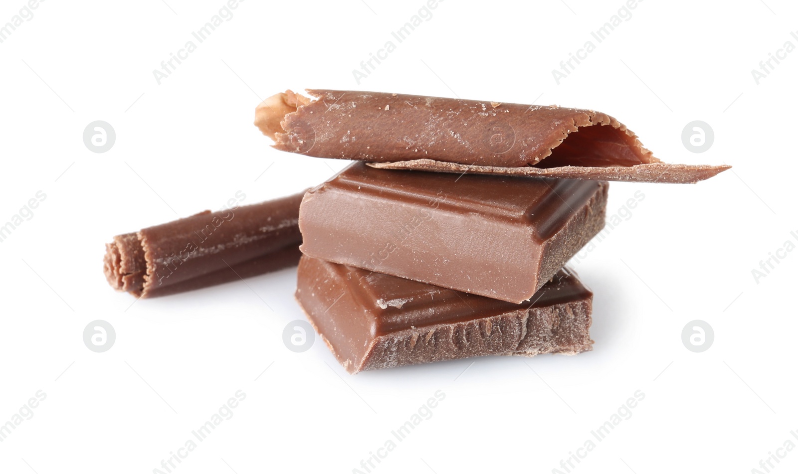 Photo of Chocolate curls and pieces isolated on white