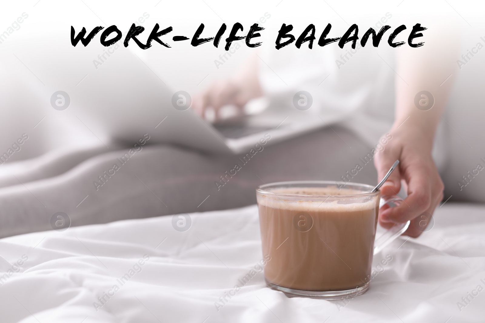 Image of Work-life balance concept. Woman taking cup of morning coffee in bedroom, closeup