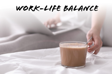 Work-life balance concept. Woman taking cup of morning coffee in bedroom, closeup