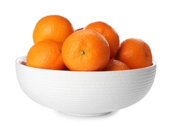 Photo of Fresh tangerines in ceramic bowl on white background