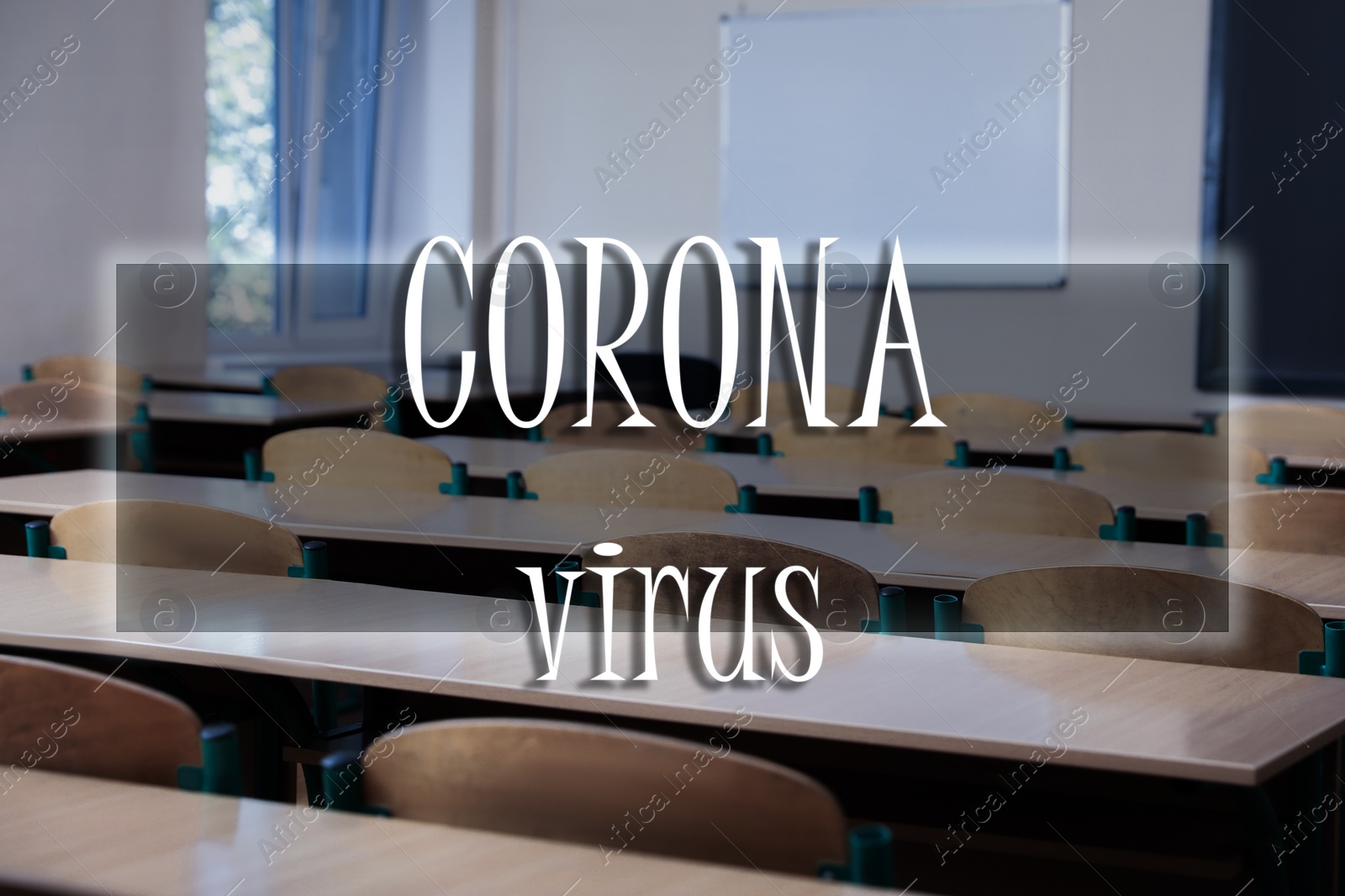 Image of View of empty classroom and text CORONA VIRUS. School closings during COVID-19 pandemic