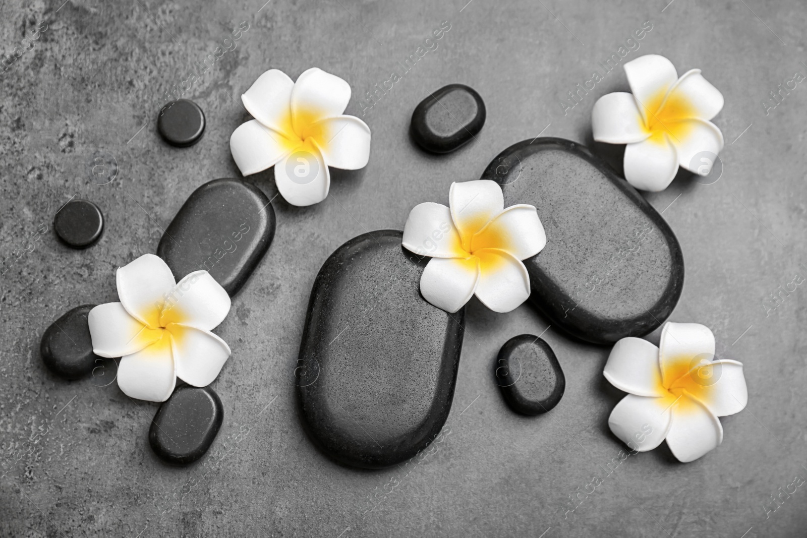 Photo of Spa stones and beautiful flowers on grey background