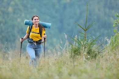 Photo of Woman with backpack and trekking poles hiking in mountains. Space for text