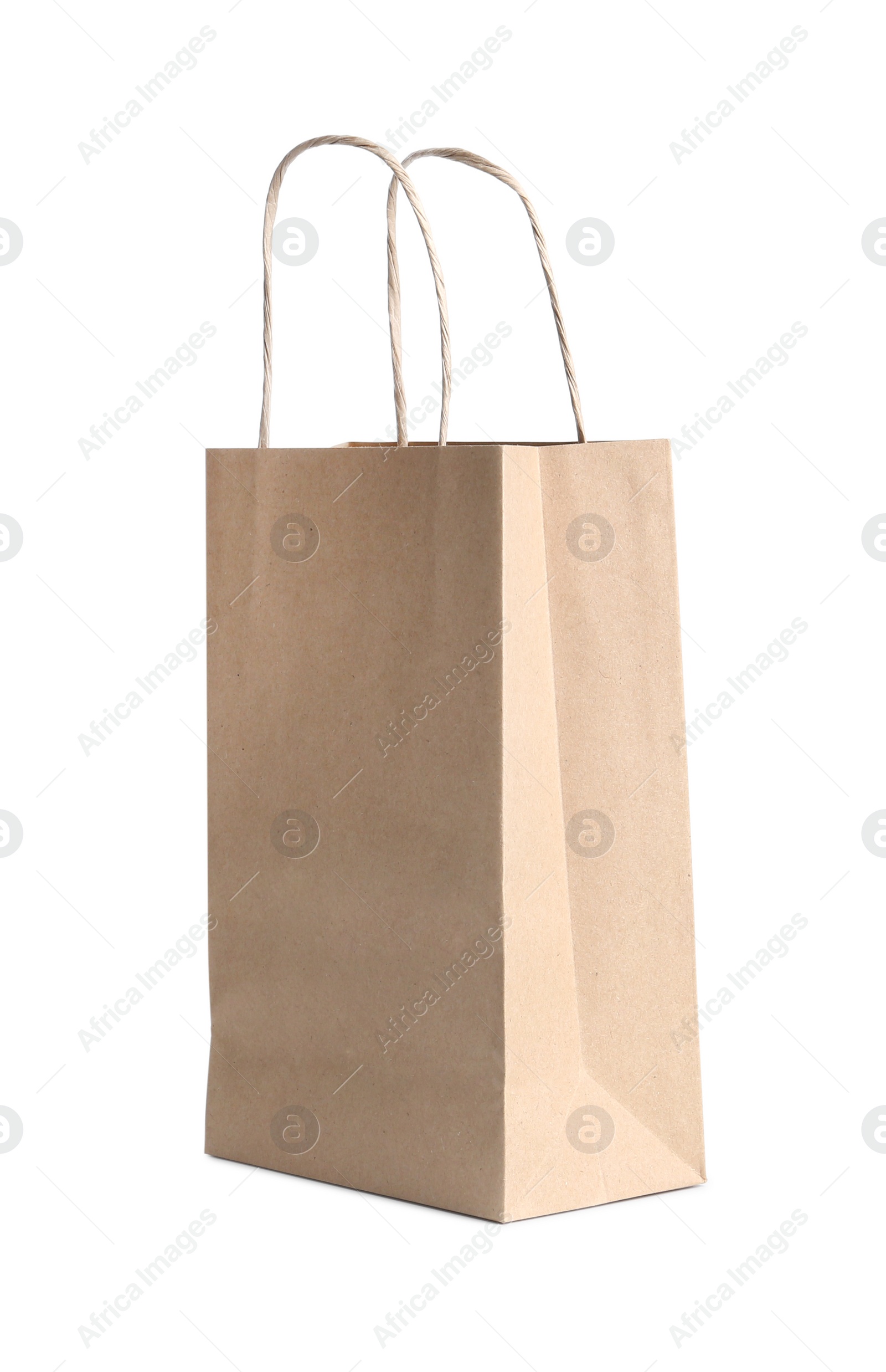 Photo of One kraft paper bag isolated on white. Mockup for design