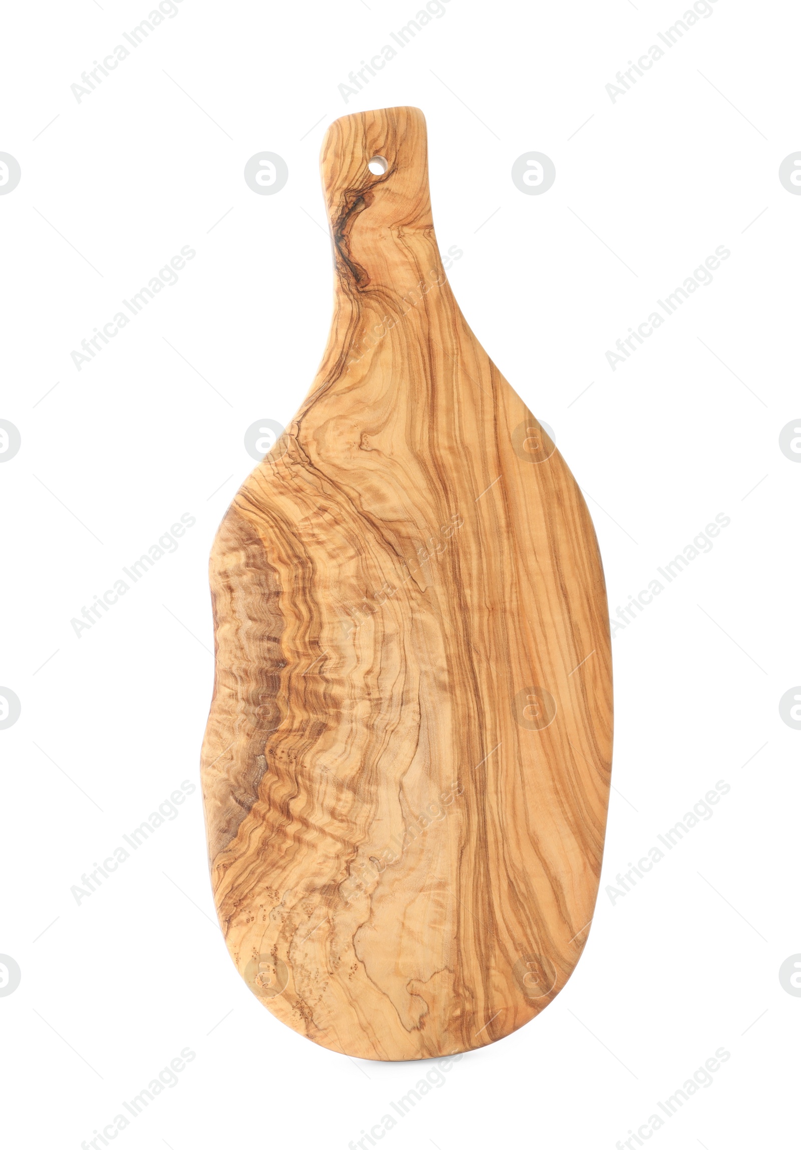 Photo of New wooden cutting board isolated on white, top view