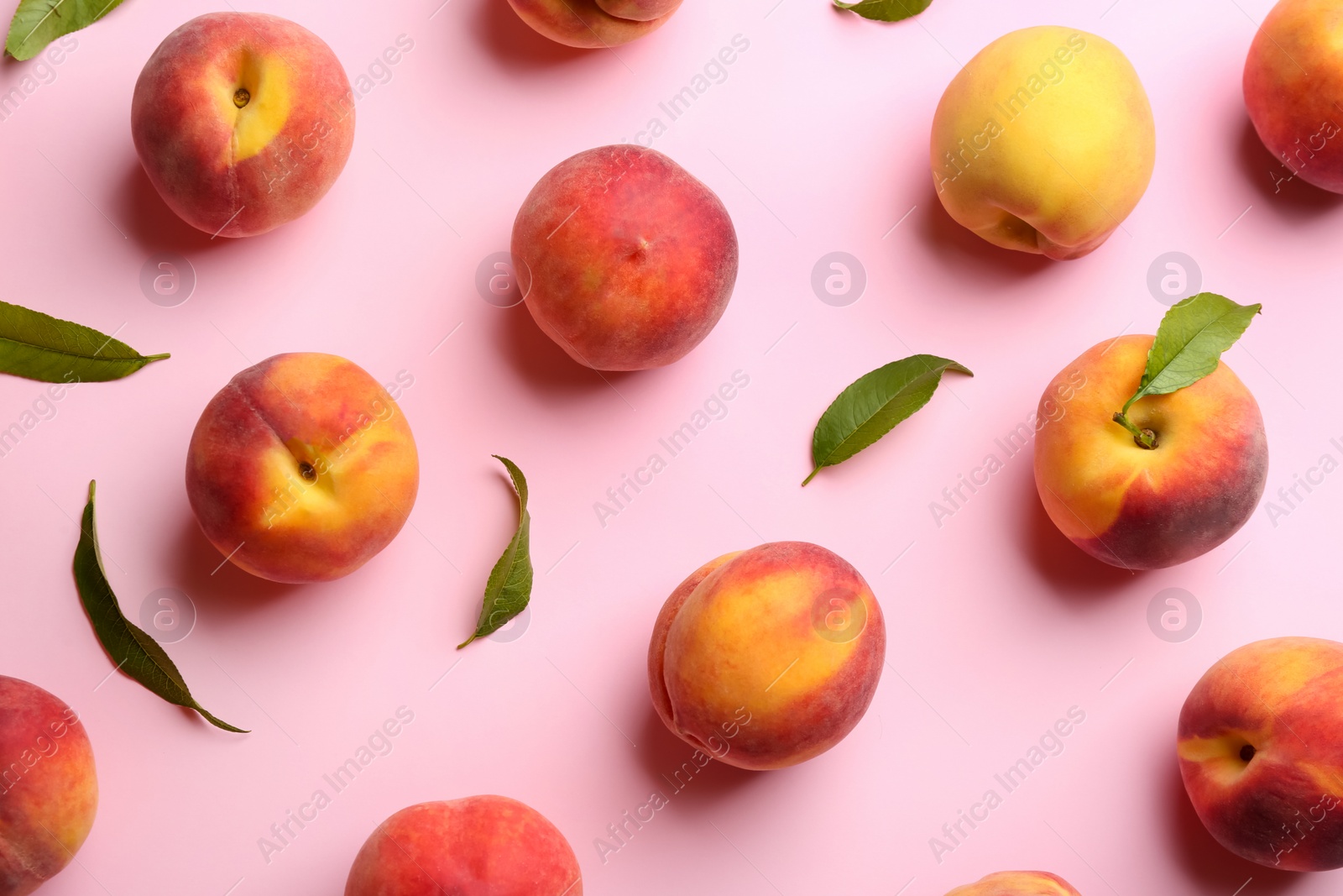 Photo of Fresh ripe peaches and green leaves on pink background, flat lay