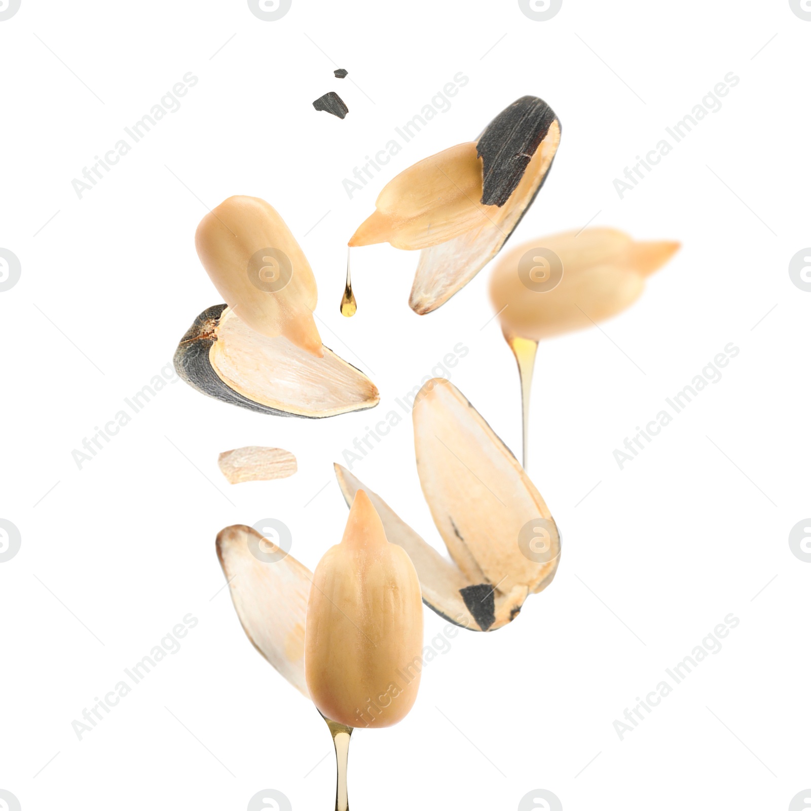 Image of Sunflower seeds with oil and husk on white background