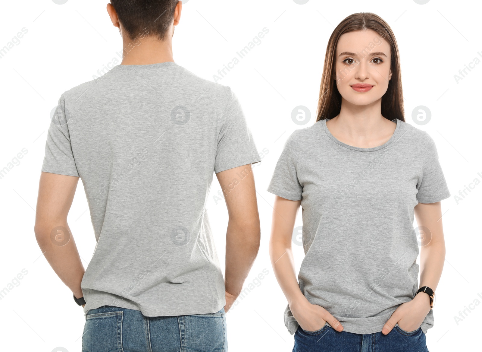 Photo of Young people in t-shirts on white background. Mock up for design