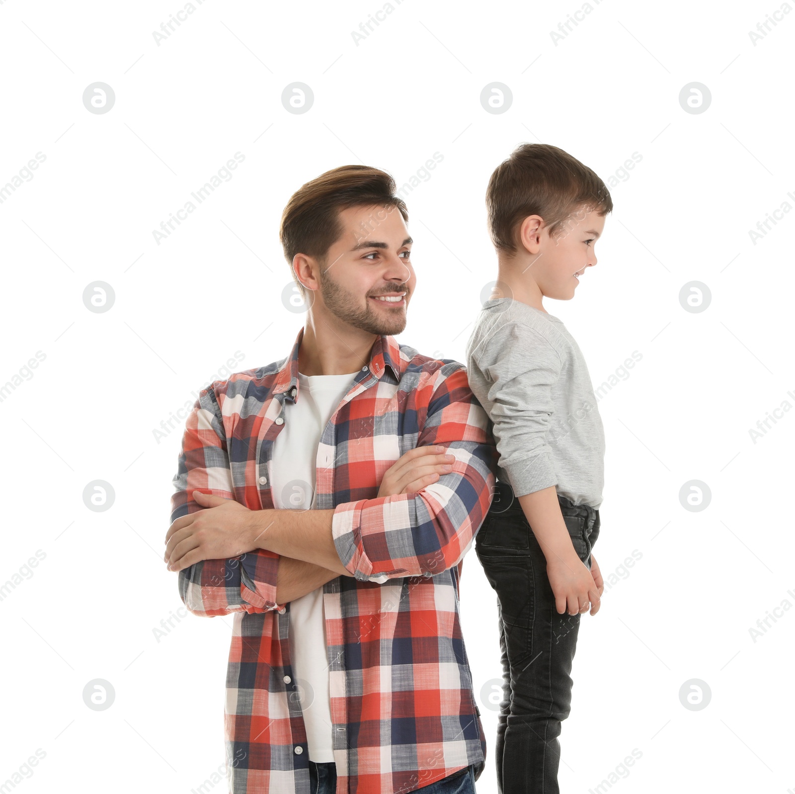 Photo of Portrait of dad and his son isolated on white