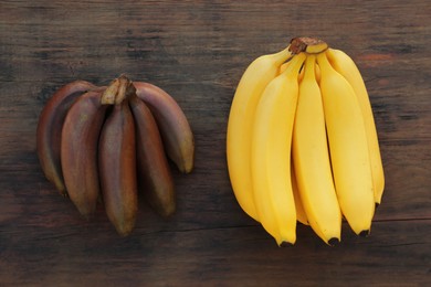 Photo of Different types of bananas on wooden table, flat lay