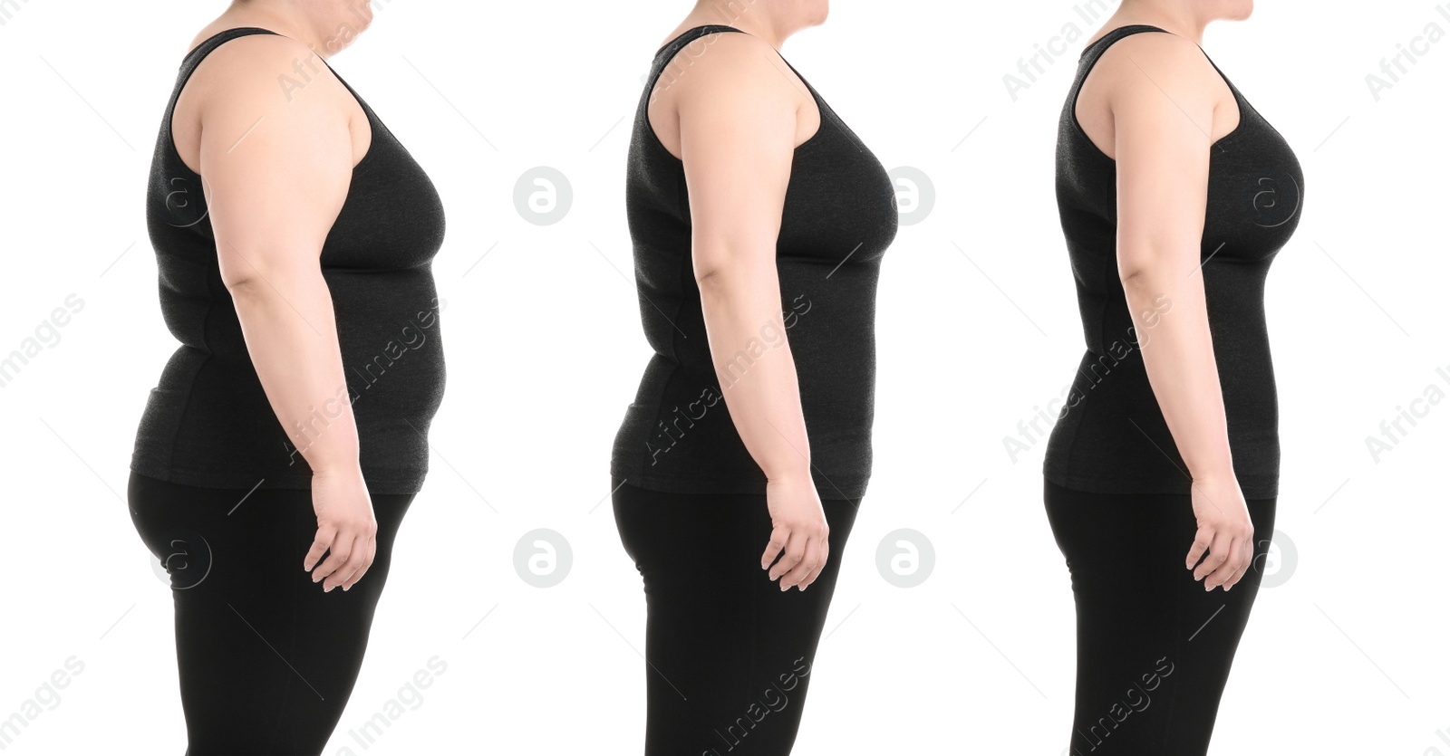 Image of Collage with photos of overweight woman before and after weight loss on white background,closeup. Banner design 