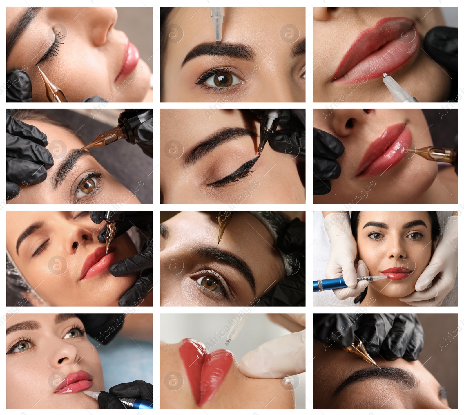 Image of Collage with different photos of women undergoing permanent makeup procedures