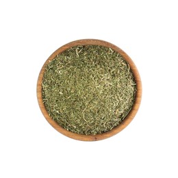 Photo of Bowl with aromatic dry dill on white background, top view