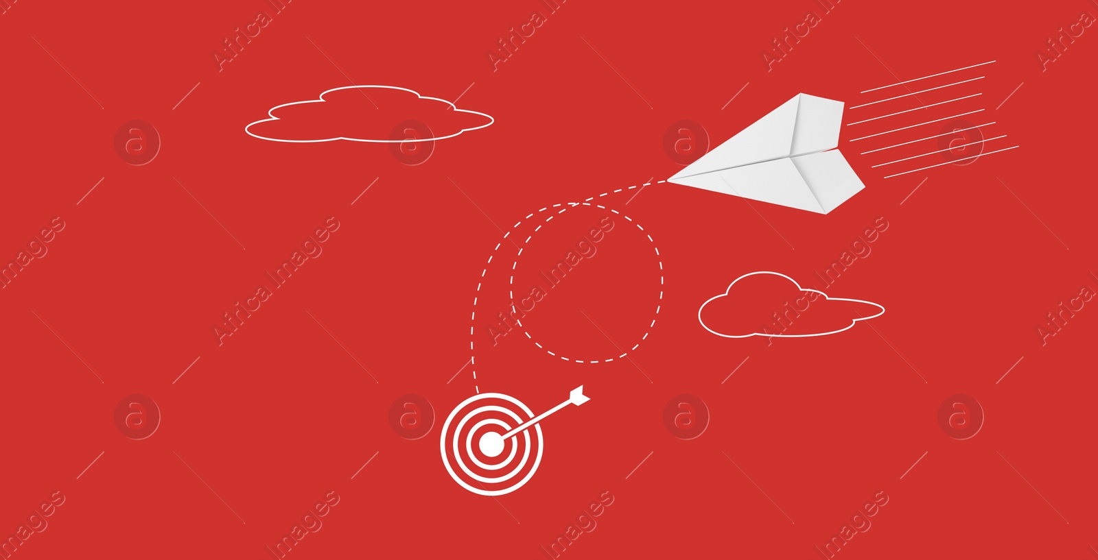 Image of Target achievement. Paper plane heading to dartboard on red background, banner design