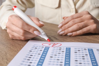 Photo of School grade. Teacher writing letter A with plus symbol on answer sheet at wooden table, closeup