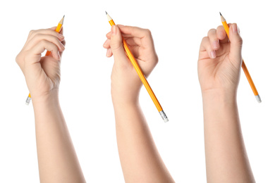 Collage of woman holding pencils on white background, closeup 