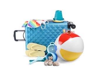 Photo of Suitcase and different beach accessories isolated on white. Summer vacation