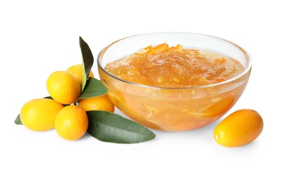 Delicious kumquat jam in bowl and fresh fruits on white background