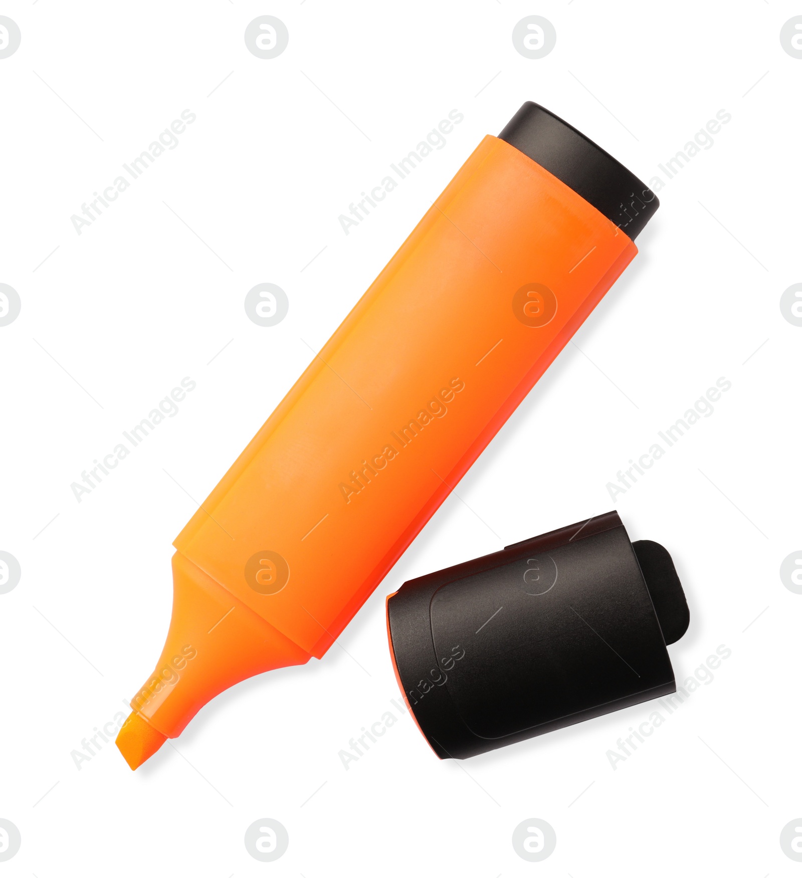 Photo of Bright orange marker isolated on white, top view