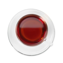 Photo of Aromatic tea in glass cup isolated on white, top view